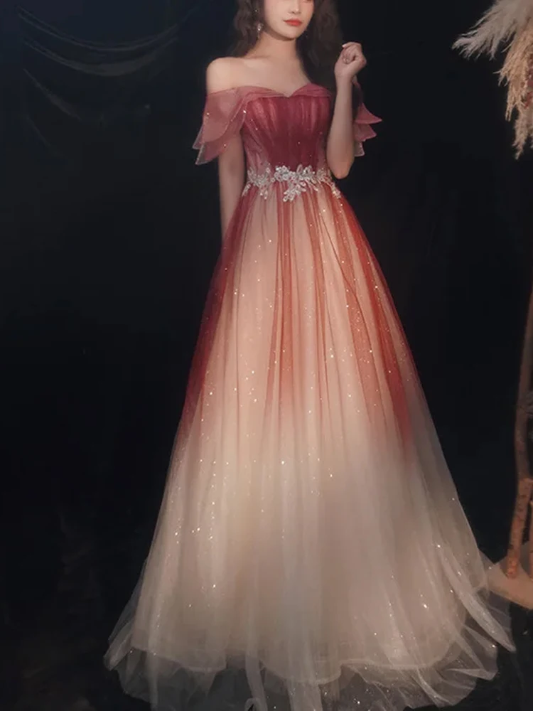 Fashion Gradient Prom Dresses for Women 2023 Off Shoulder Sparkly with Appliques Vestido De Festa Luxury Night Dress