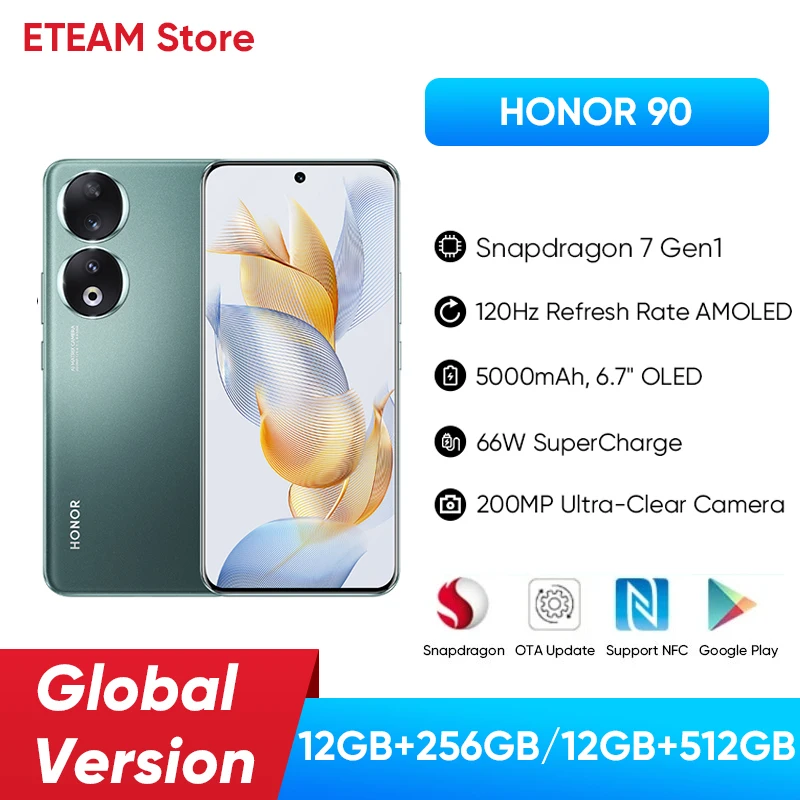 Original HONOR 90 5G 6.7 inch OLED Global Version Snapdragon 7 Gen 1 200MP Ultra-Clear Camera 5000mAh 66W Supercharger 120Hz