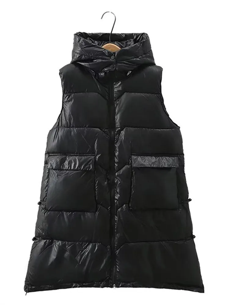 Plus Size Women's Clothing Winter Vest Thickened Interlayer With Cotton In The Middle.Premium Thermal Jacket Mid-Length Hoo
