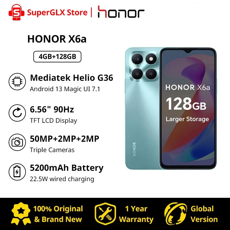 Original Honor X6a Global Version 6.56" 90Hz Fullview Display 4GB RAM 128GB ROM 5200mAh Battery 50MP Triple Cameras Android
