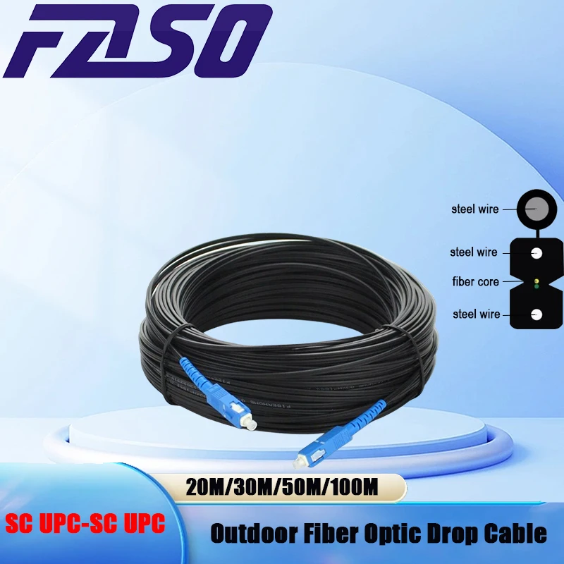 50m Outdoor Fiber Optic Drop Cable Fiber Optic Patch Cord SC UPC Single Mode G657A1 optical fiber optical Three Steel Wires FTTH