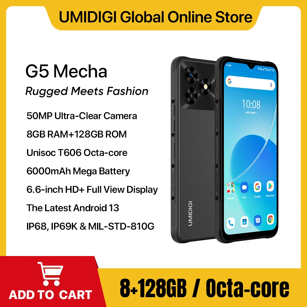 Sold Out-UMIDIGI G5 Mecha Rugged Smartphone Android 13,16GB (8GB+8GB)RAM 128GB ROM 6.6 "FHD + 50MP Camera 6000mAh 90Hz Phon