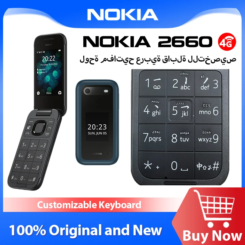 New and Original Nokia 2660 Flip 4G Feature Phone TA-1480 Dual SIM 1450mAh 2.8" Bluetooth FM Radio Rugged Push-button Telep