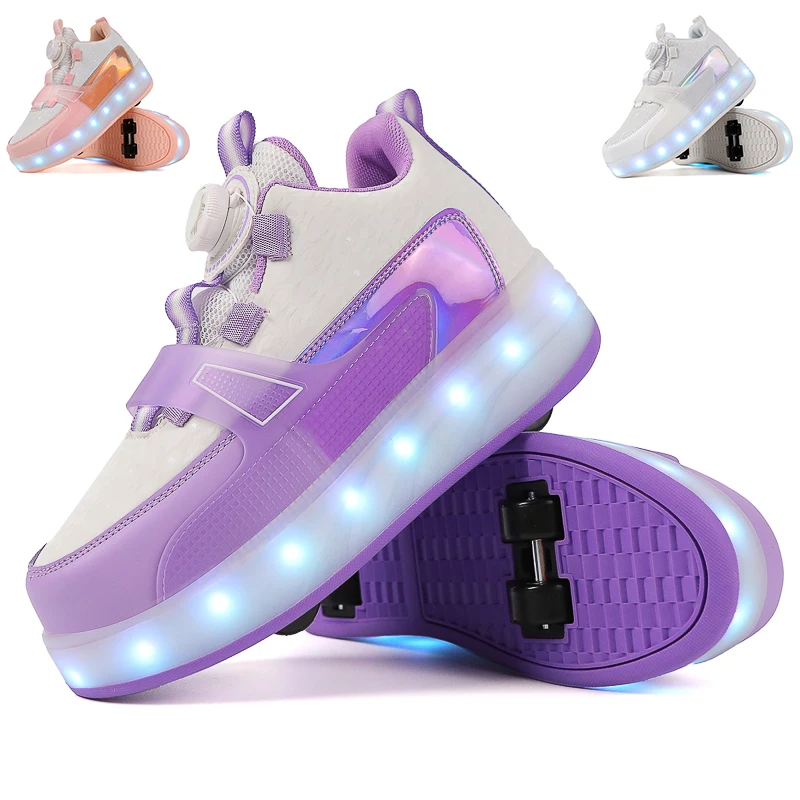 Trendy Kids Four Wheels Roller Skate Shoes Boys Girls Swivel Buckle LED Light Luminous Sneakers Outdoor Children Casual Shoes