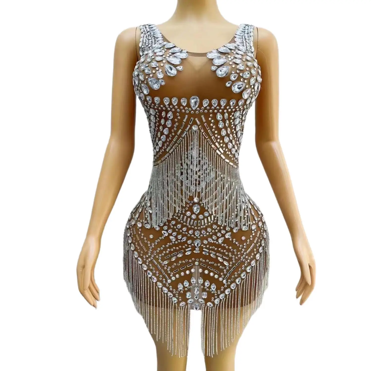 Sexy Women See Through Cocktail Gowns Sparkly Luxury Beaded Chain Silver Black Girls Short Prom Dress 2024 for Birthday Songhua