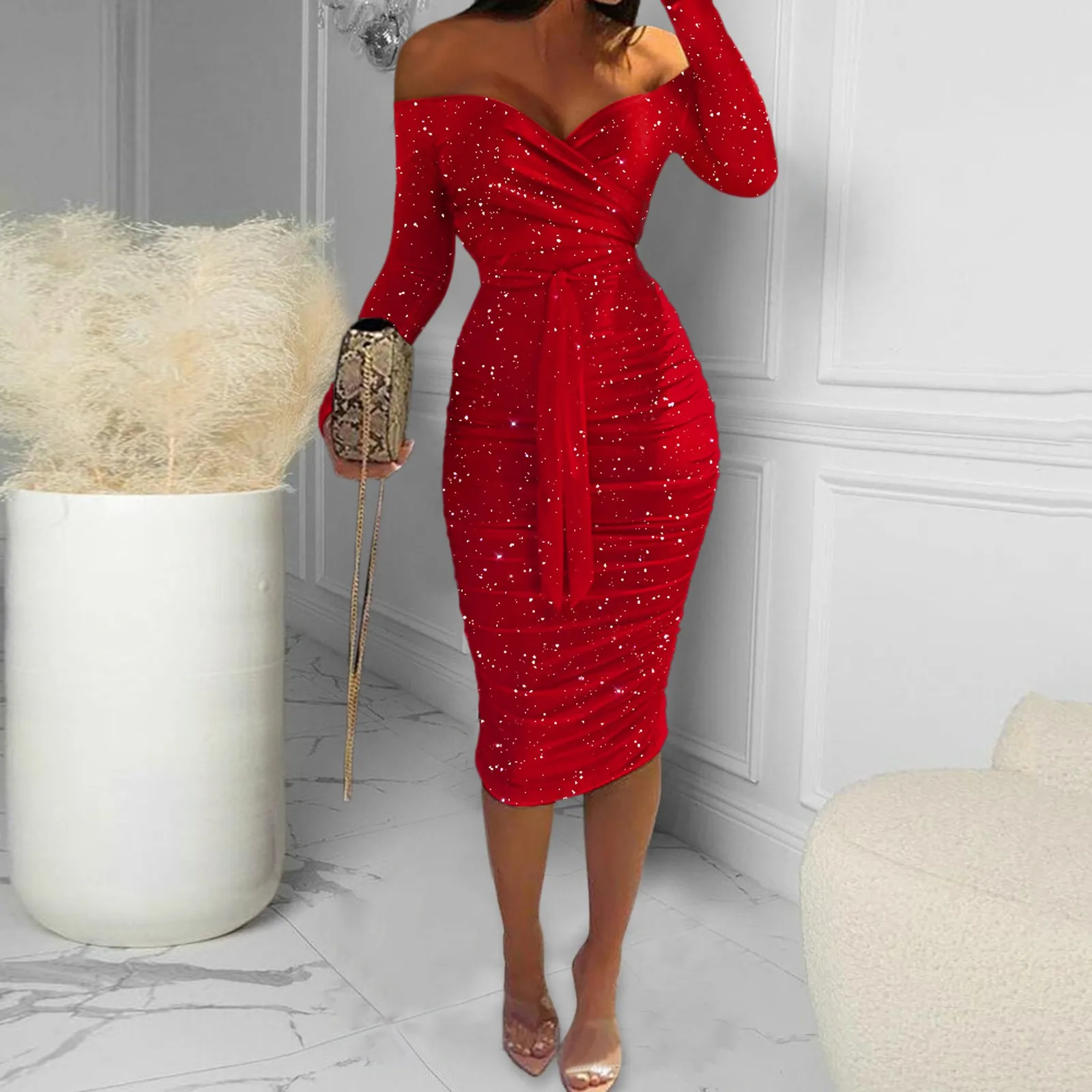Formal Dress For Women Sexy Off Shoulder Long Sleeve Slim Bodycon Hip Wrap Ruched Midi Red Dress Vintage Party Dress Vestidos