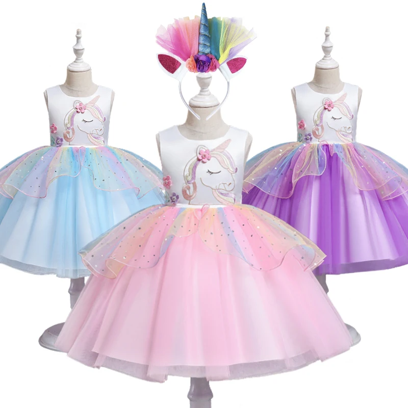 Summer Fancy Girl Rainbow Unicorn Embroidered Flower Dress Children's Ruffle Style Colorful Tulle Horse Performance Party D