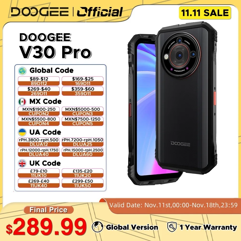 Global Version DOOGEE V30 Pro 5G 12GB 512GB Rugged Phone 6.58" 120Hz Display 200MP Camera Dimensity 7050 33W Charge 10800mA