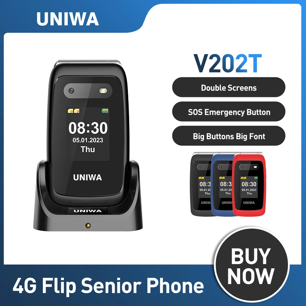 UNIWA V202T 4G Flip Senior Phone 2.4 Inch Dual Screen Emergency Call Button Feature Phone 1450mAh Big Push-Button For Elderly