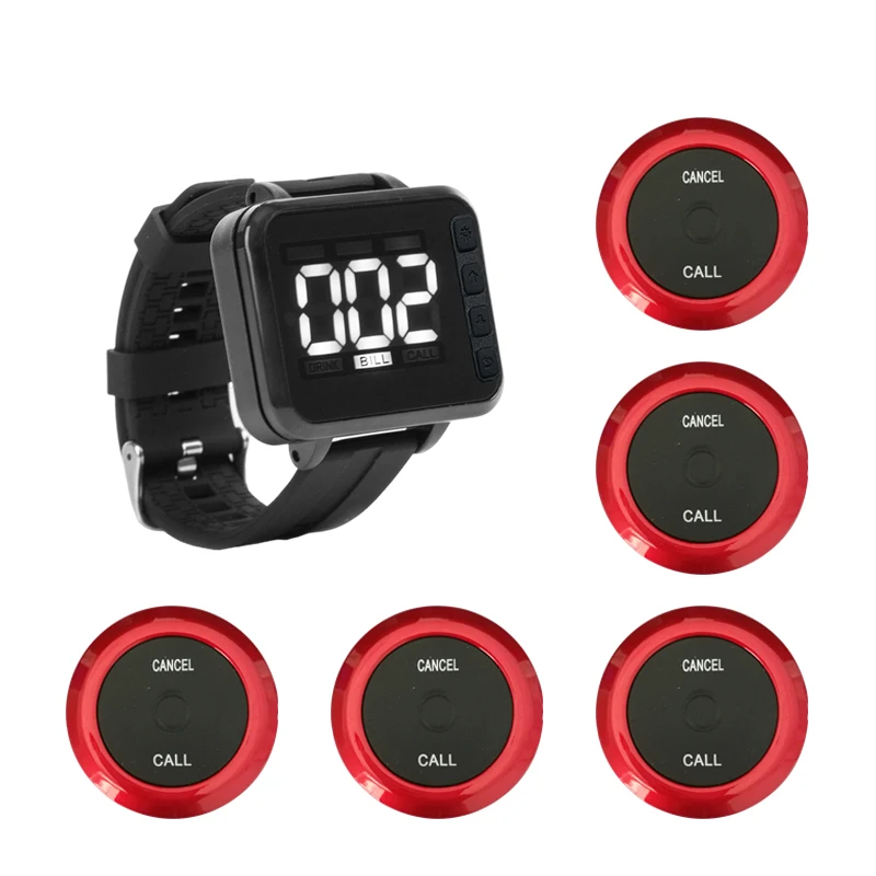 Hot Sale Wireless Restaurant Waiter Call System 5 Hookah Table Buzzer 1 Clock Watch Wrist Pager Receiver