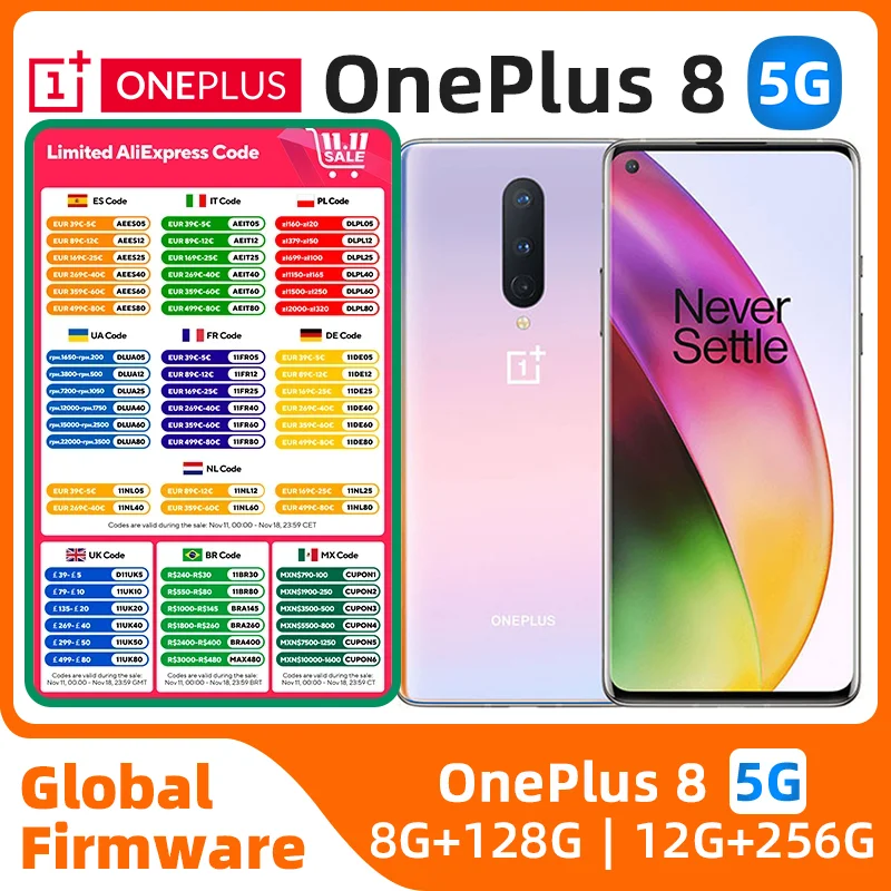 Oneplus 8 Mobile Phone 6.55" 12GB RAM 256GB Dual SIM Card Full Screen Snapdragon 865 Original used phone