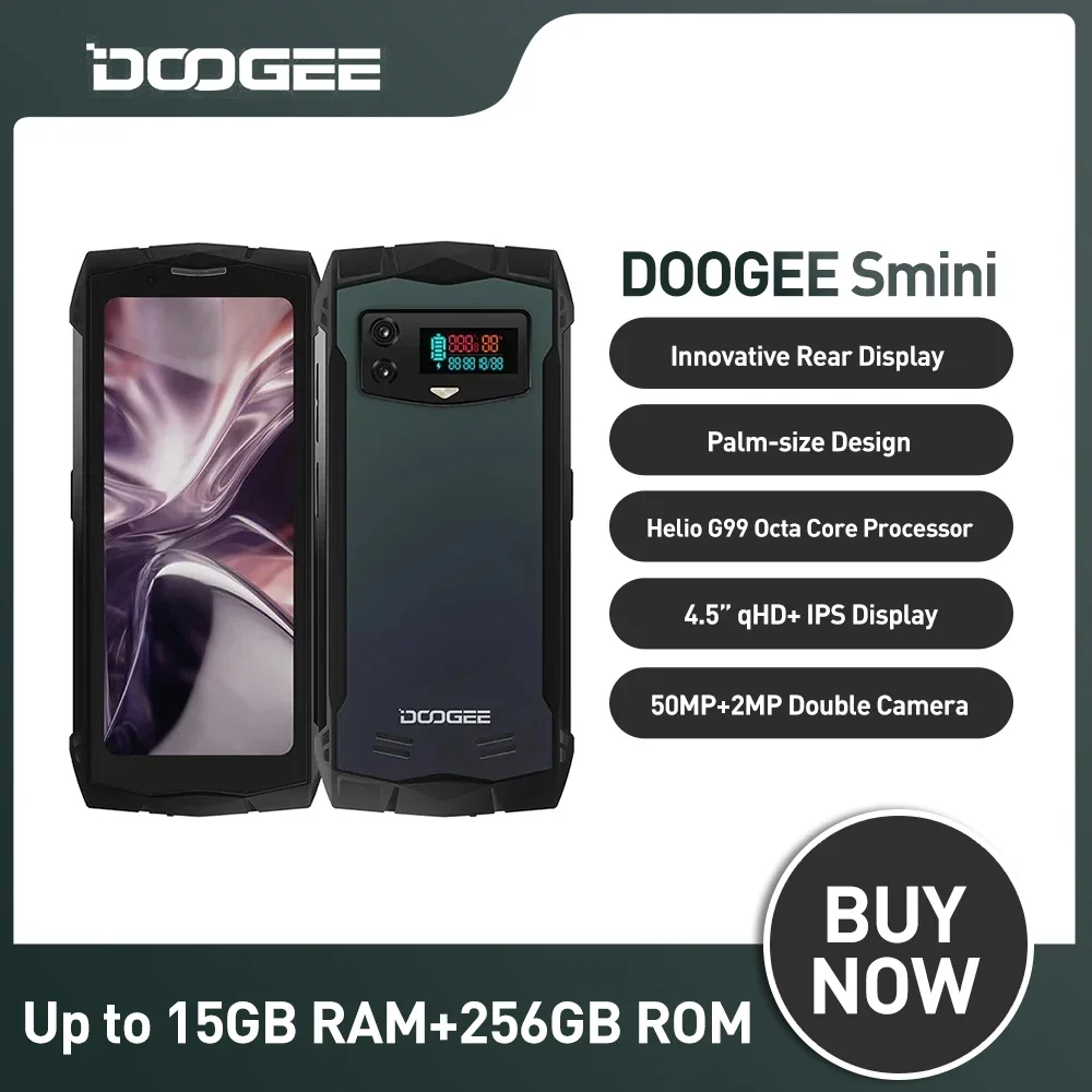 DOOGEE Smini Rugged Phone 4.5 Inch 15GB RAM+256GB ROM qHD Innovative Rear Display 50MP 3000mAh 18W Fast Charging Mini Cellphone