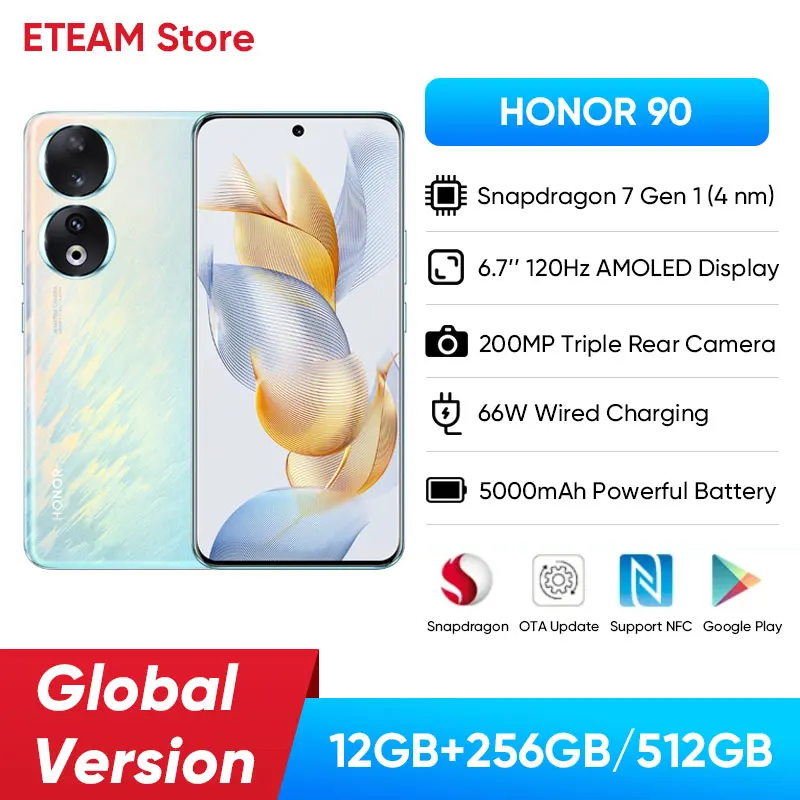 New HONOR 90 5G Original 6.7 inch OLED Global Version Snapdragon 7 Gen 1 200MP Ultra-Clear Camera 5000mAh 66W Supercharger 120Hz