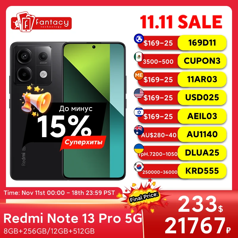 Global Version Xiaomi Redmi Note 13 Pro 5G Snapdragon 7s Gen 2 200MP OIS Camera 67W Turbo Charging 120Hz AMOLED NFC