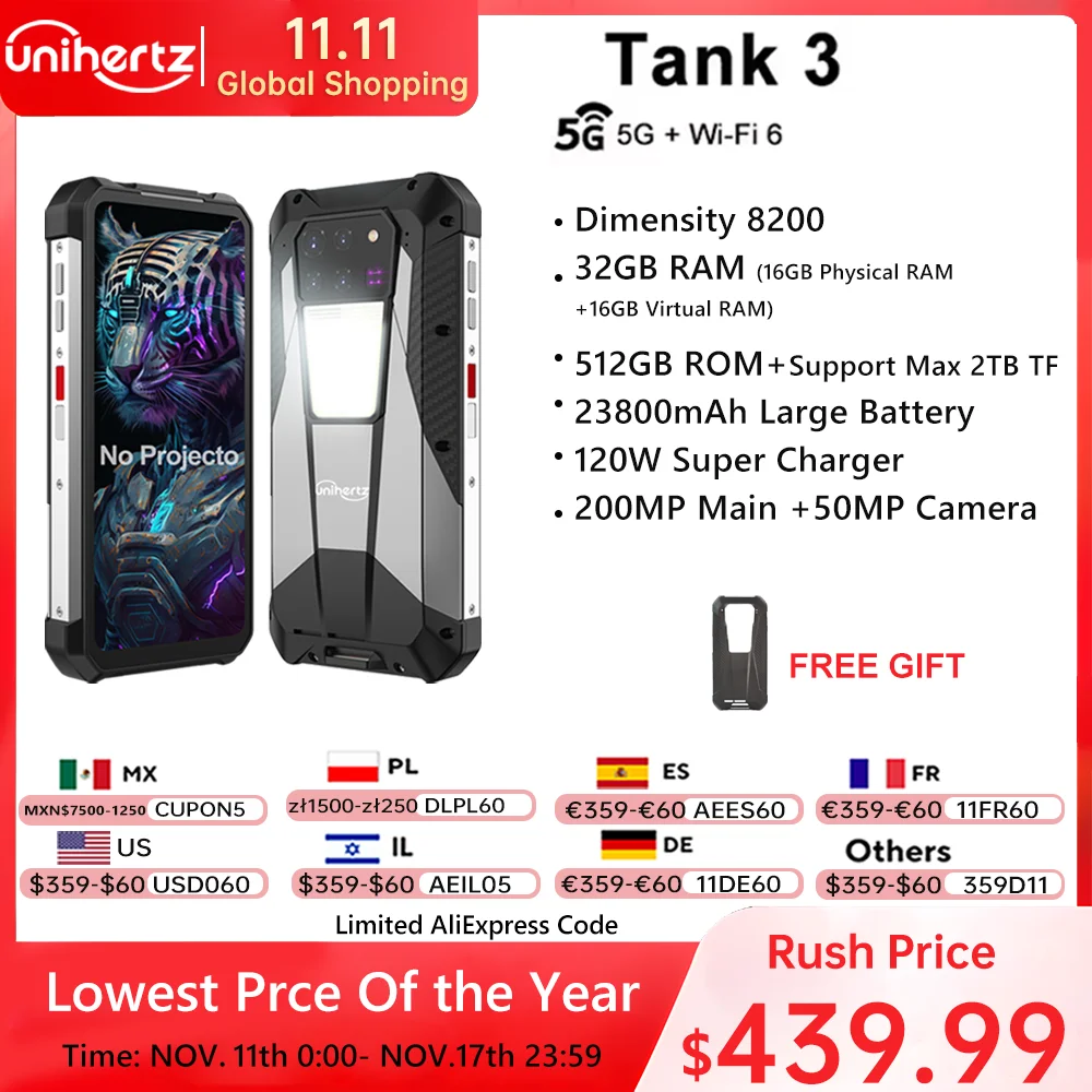 Unihertz Tank 3 by 8849 Rugged 32GB 512GB 23800mAh 120W Charger Dimensity 8200 5G 200MP 120Hz Rangefinder Outdoor Light Wifi 6