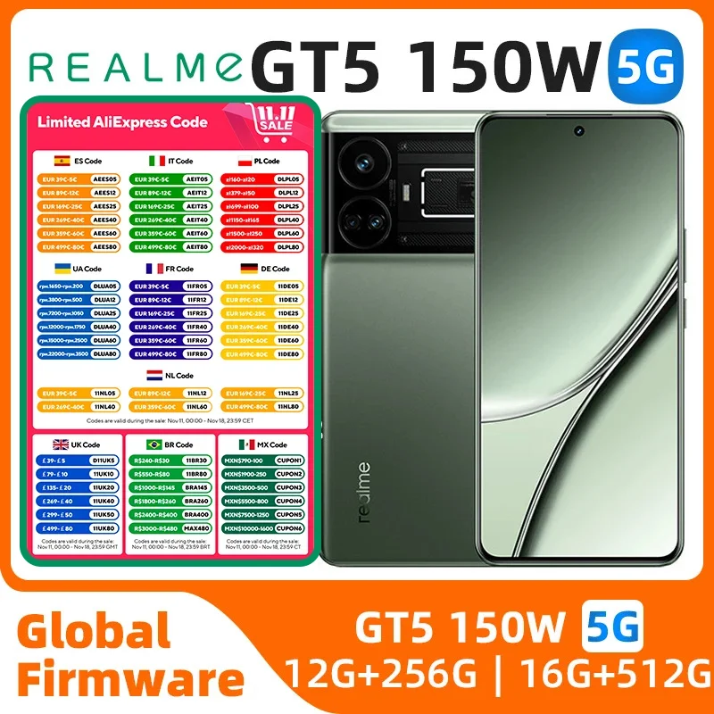 Global Rom Original Realme GT5 Snapdragon 8Gen2 5240 mAh IMX890 OIS 2772*1240 144Hz Wifi 7 Main Camera 50MP NFC OTA used phone
