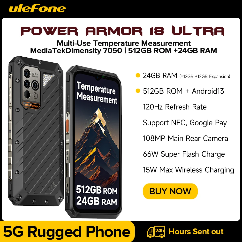 Ulefone-Power Armor 18 Ultra 5G Smartphone,512GB ROM + 24GB RAM,Android 13 Rugged Phone,108MP ,9600 mAh, 66W, NFC, 120Hz, 6.58&q