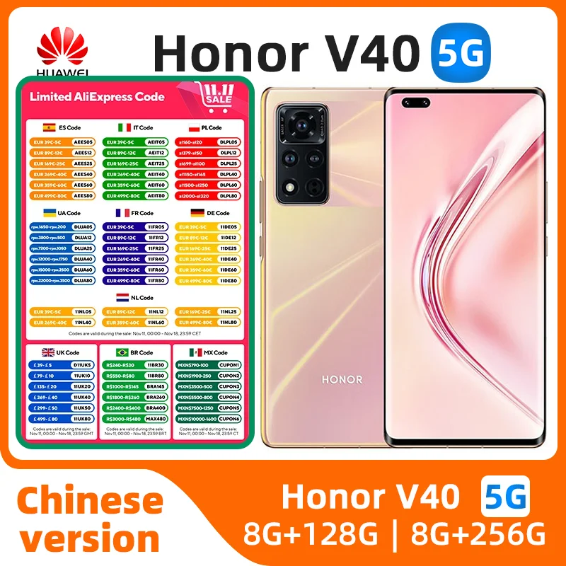 Honor V40 5G mobile phone 8GB RAM 128GB 256GB Dimensity 1000+ Octa Core 6.72" 2676x1236P OLED 120Hz 50MP Camera 66W used ph