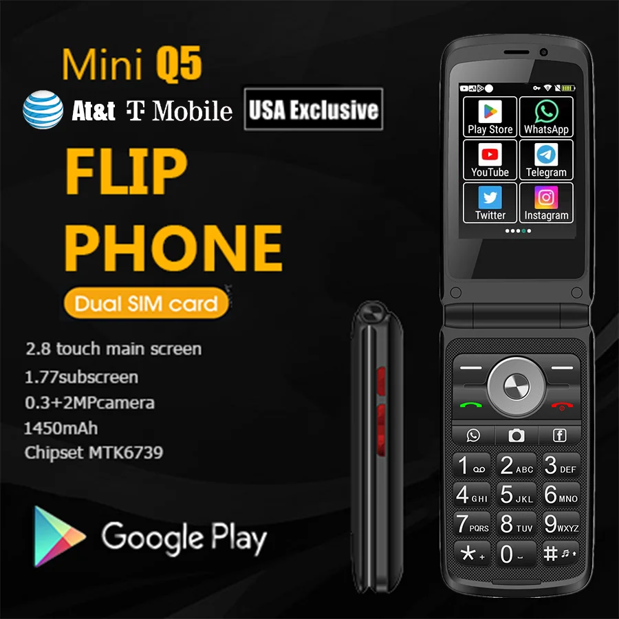 TIQ U.S. Region Key input Multilingual Smart Phone At&t Phone Google Play Android MTK6739 4G Smart Flip T Mobile Phone