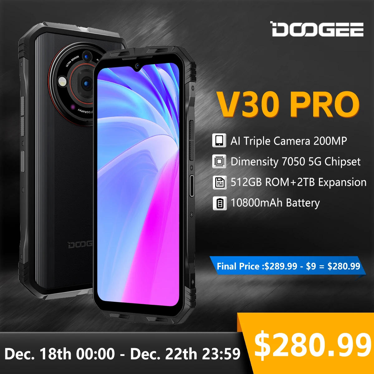 DOOGEE V30 Pro 32 RAM+512 ROM 200MP Camera Dimensity 7050 5G 6.58" FHD 120Hz Display 10800mAh WiFi6 Hi-Res Dual Stereo Spea