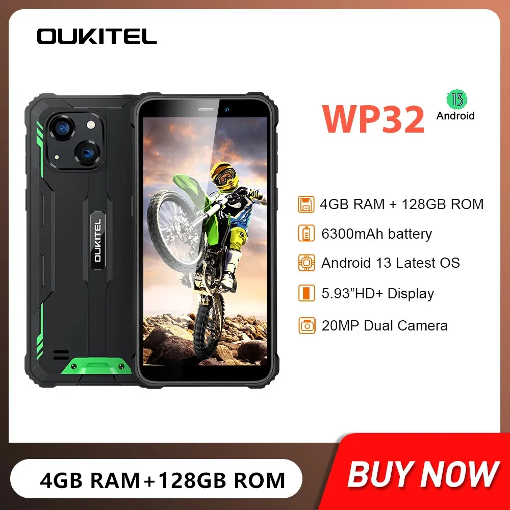 New OUKITEL WP32 Rugged Smartphones Octa Core 4GB+128GB 5.93Inch HD Android 13 Mobile phone 6300mAh Battery 20MP Dual Camera NFC