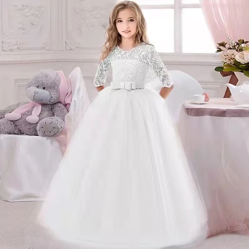 Girl Children Party Dress Lace Elegant Bridesmaid Dress Long Sleeve Christmas Costume White Evening Ball Gown Girl Vestidos
