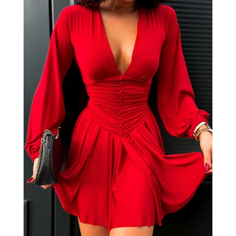2023 Spring Summer New Women's Solid Color Deep V Lantern Sleeve Fitted Waist Pleated Dress Fashion