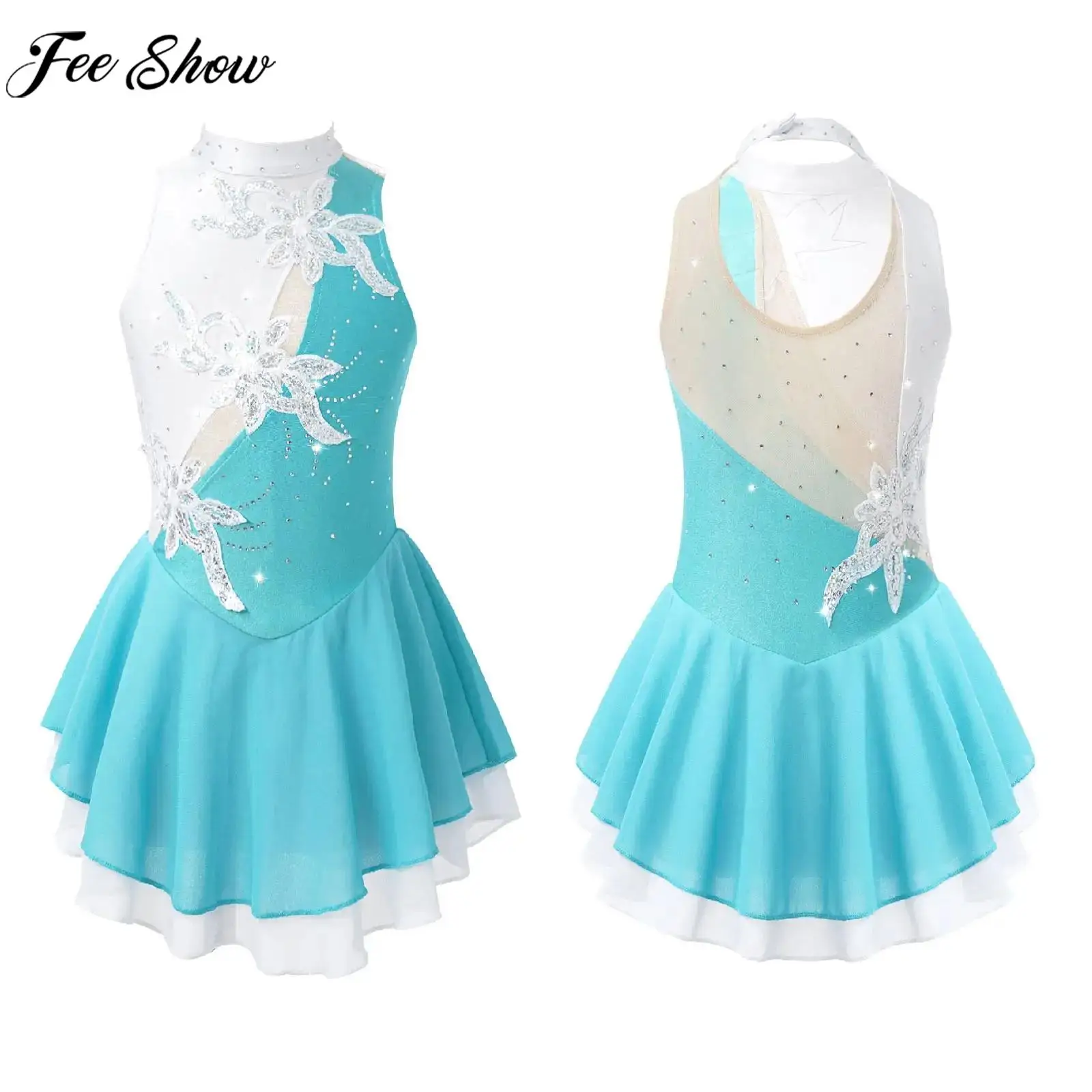 Teen Girls Figure Skating Dress Ballet Dance Gymnastics Stage Performance Dancewear Sleeveless Sequin Sheer Mesh Leotard Tutu