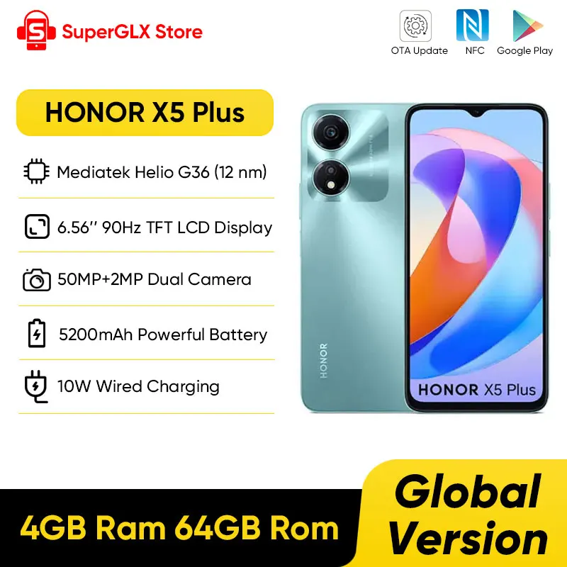 Original Honor X5 Plus Global Version 6.56" 90Hz Eye-Comfort Display 4GB RAM 64GB ROM 5200mAh Battery 50MP Dual Camera Andr