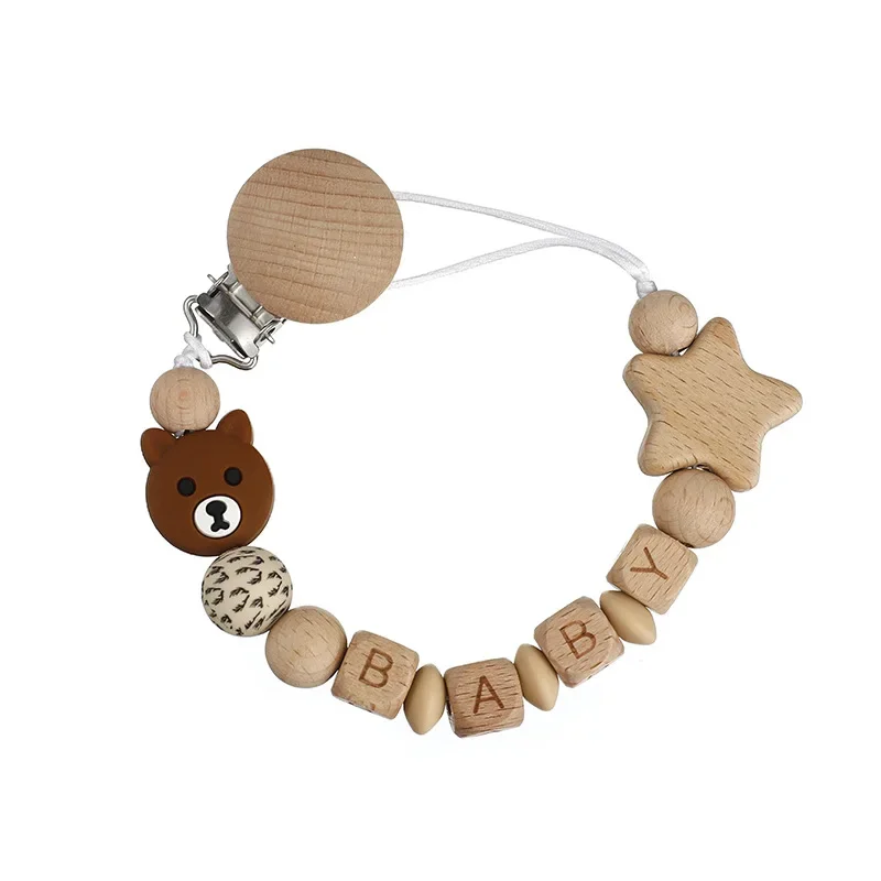 Custom Personalized Name Pacifier Clips Chains Wood Silicone Beads Newborn Dummy Nipple Holder Chain Teething Toys Chew Gift