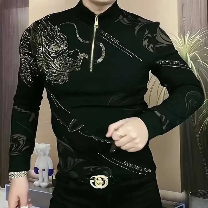 Fashion Stand Collar Zipper Printed Diamonds T-Shirts Mens Clothing 2023 Autumn Winter Loose All-match Tops Casual Tee Shirt