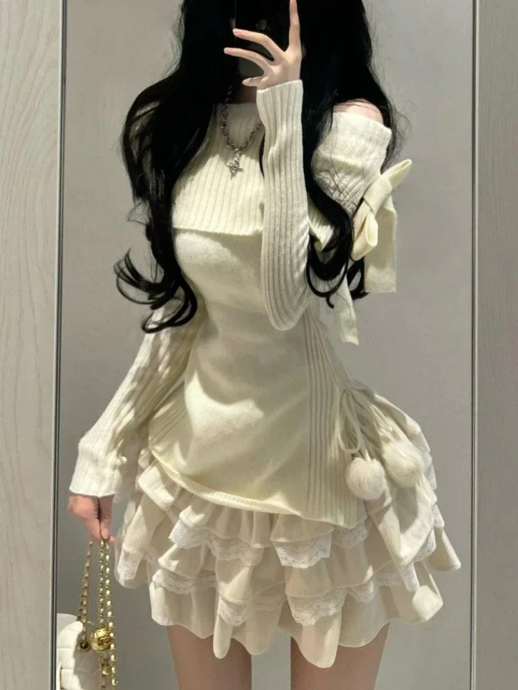 Winter Kawaii Sweet 2 Piece Set Woman Off Shoulder Bow Knitted Tops + Mini Cake Skirt Female Korean Fashion Casual Suit 2024 New