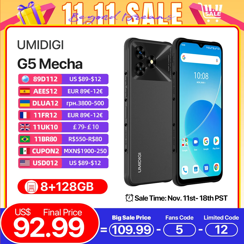 IP68,IP69K UMIDIGI G5 Mecha Android 13 Rugged Smartphone Unisoc T606 8GB 128GB 6.6" HD+Screen 50MP Camera 6000mAh 90Hz Cell