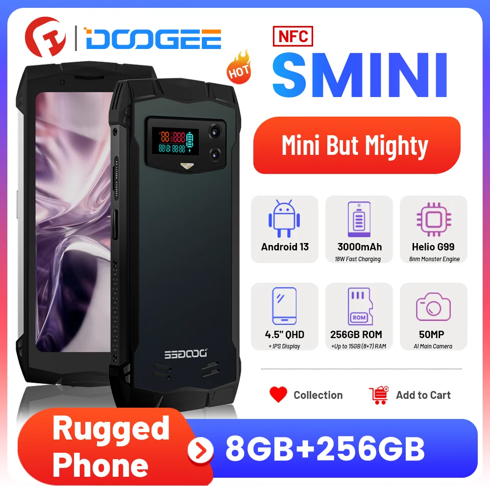 DOOGEE S mini Rugged Phone 4.5" qHD+ IPS 50MP 3000mAh Smartphone Android 13 Helio G99 8GB+256GB Dual Sim Cellphone Global