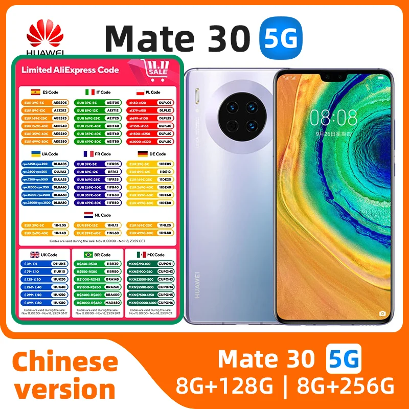 HUAWEI Mate 30 Smartphone 5G 40MP+24MP Camera 6.62 inch 256GB ROM 8GB RAM Mobile phones HarmonyOS 4200mAh NFC used phone