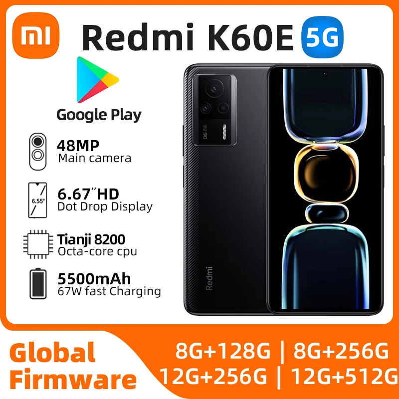 Redmi K60E 5G Smartphone Dimensity 8200 6.67" 2K Screen 120Hz 48MP Triple Camera 5500mAh 67W Charger NFC MIUI 14