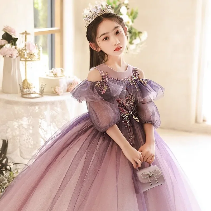 2023 Teenmiro Elegant Party Dress for Junior Girls Children Sequined Purple Tulle Dresses Kids Grad Night Formal Ball Gowns