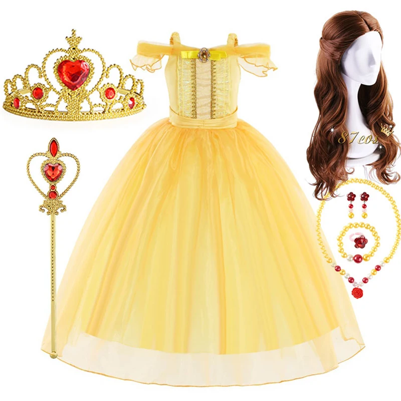 2025 Girls Beauty and the Beast Classic Belle Princess Cosplay Costume Child Fairy Tale Clothing Party Carnival Vestido