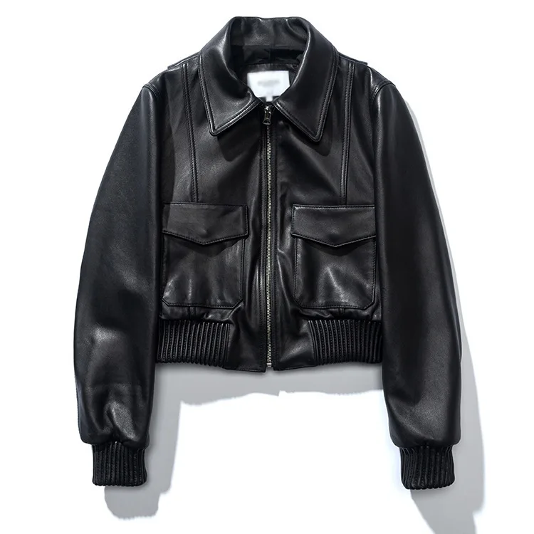 2023 Hot Sale Spring and Autumn Women's Sheep Genuine Leather Short Fit Baseball Coat Leather Jacket Simple Casual Coat