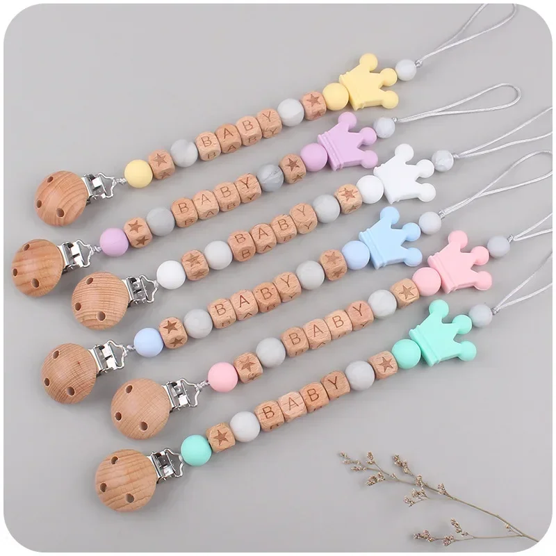 DIY Personalized Name Baby Pacifier Clips Dummy Nipple Holder Clip Chain Wood crown Silicone Teething Toys Newborn Accessories