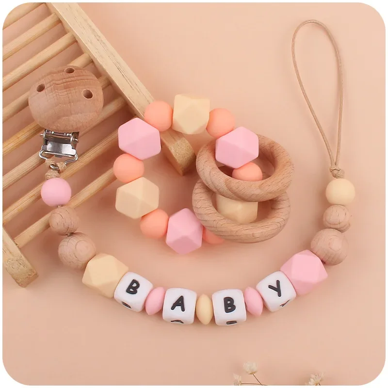 New Baby Pacifier Clip Personalized Name Dummy Holder Nipples Clips Silicone Letter Teething Toys bracelet Beads Anti-drop Clips