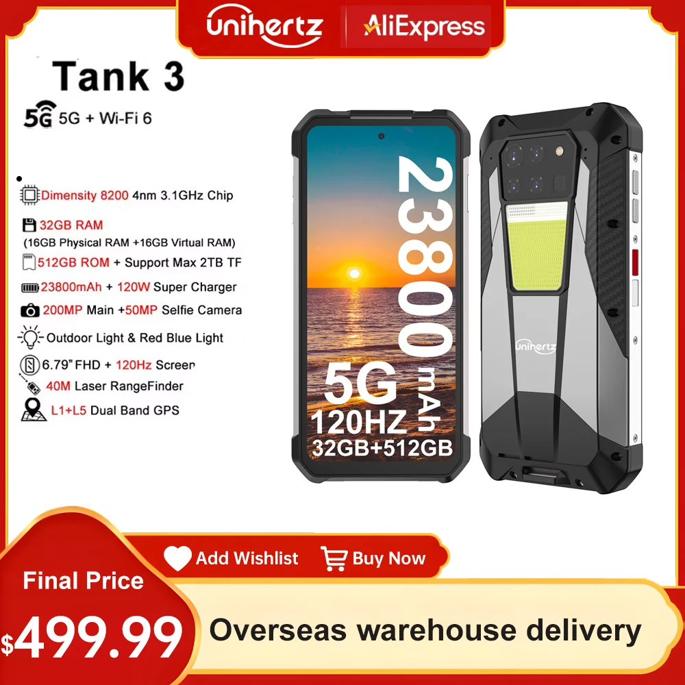 Unihertz Tank 3 8849 Android 13 Smartphone Rugged 23800mAh 32GB 512GB 200MP 5G Mobile Phone Waterproof 120W Night Vision Phones