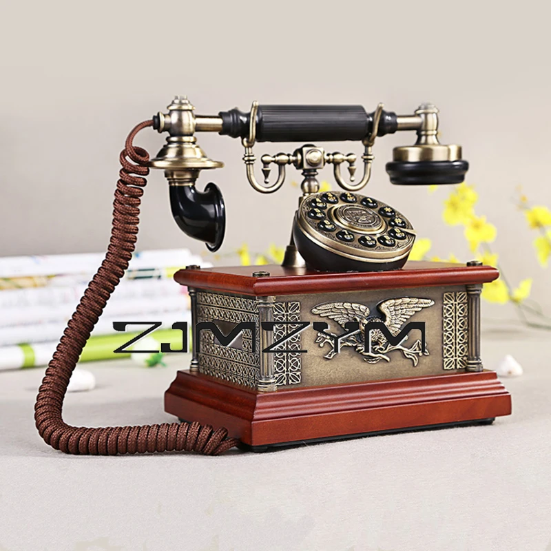 Solid Wood Vintage Telephone Household Antique Fashioned Redial Function Push Button Dial Corded Phone