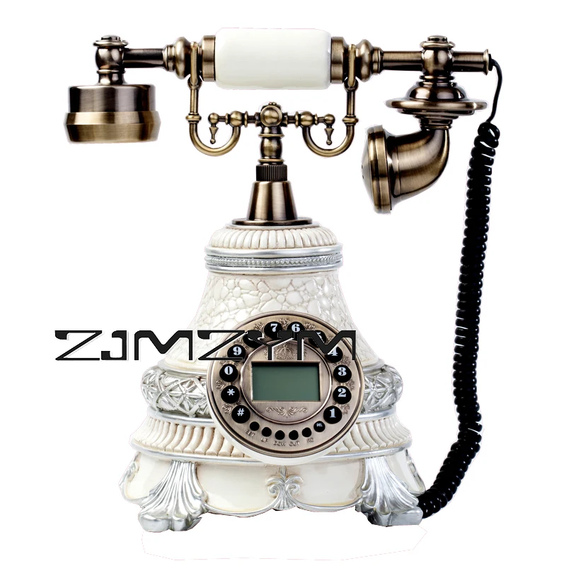 Antique White Corded Telephone Retro Vintage Button Dial Desk Telephone Phone with Caller ID, Home Office Decoration