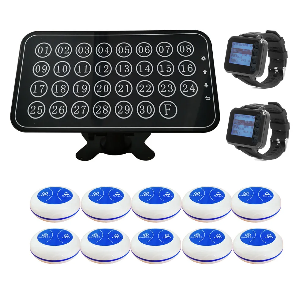 Waiter Call System Restaurant Call Bell Button Kitchen Table Pager Wireless Calling System 1 Display 10 Buttons and 2 watches