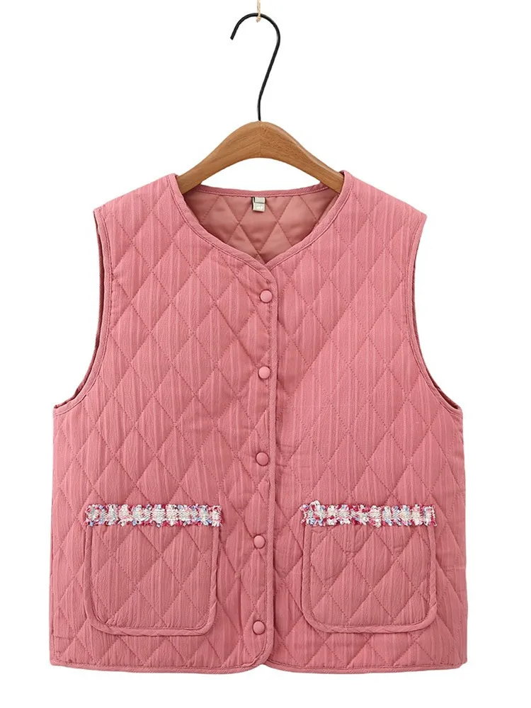 Plus Size Women's Clothing Spring And Autumn Vest Collarless And Sleeveless Solid Color Diamond Check Quilted Lightweight J