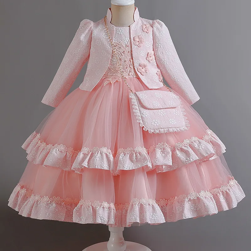 Girl's dress fashionable pearl flower princess dress mesh dress two-piece dress set flowercarnival stage show performanceco