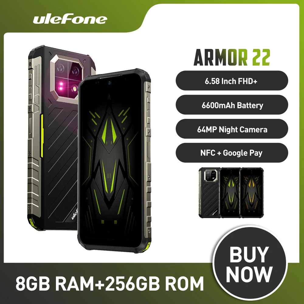 Ulefone Armor 22 Rugged Phone Global Version 6.58Inch 8GB+256GB 64MP Night Camera Smartphone Android 13 6600mAh 4G Cellphone NFC