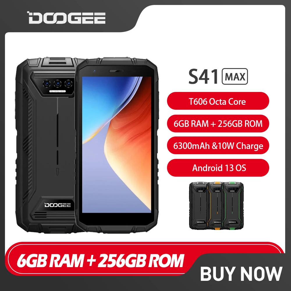 DOOGEE S41 Max Rugged Smartphone Android 13 6GB+256GB 5.5 Inch HD+ Mobile Phone IP68& IP69K 13MP 6300mAh NFC Cell Phone On S