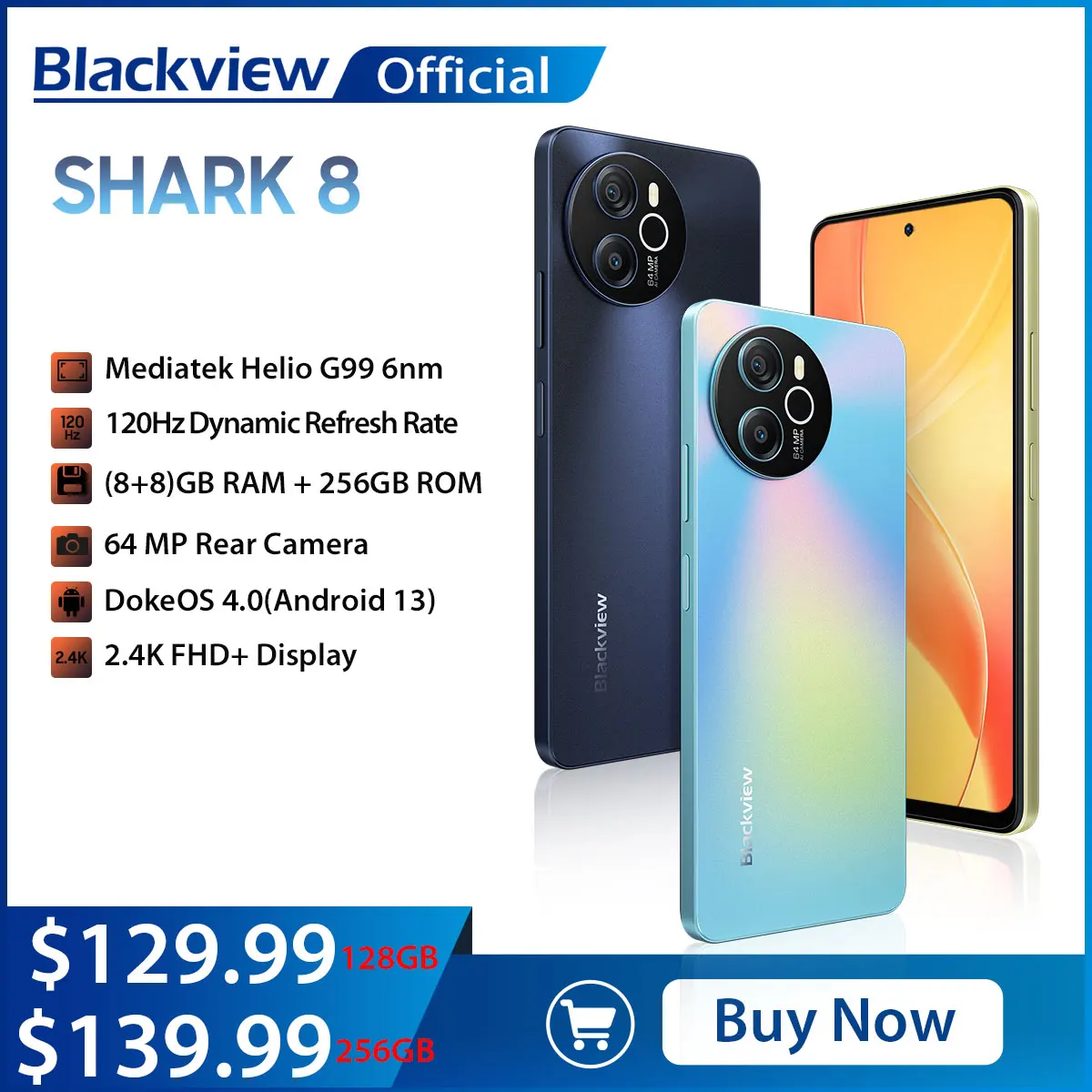 Blackview SHARK 8 Smartphone Android13 G99 Mobile Phone 6.78'' 120Hz 2.4K Display 16 (8+8) GB RAM 256GB ROM 64MP Camer